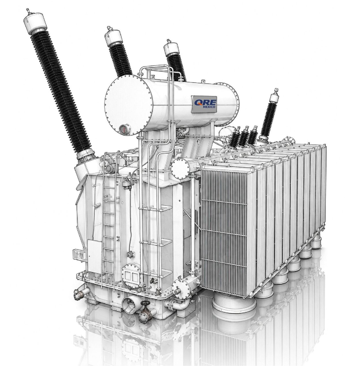 Technical diagram of industrial oil-filled transformer with cylindrical bushings and cooling fins on white background