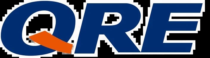 QRE logo with blue letters and orange arrow pointing right