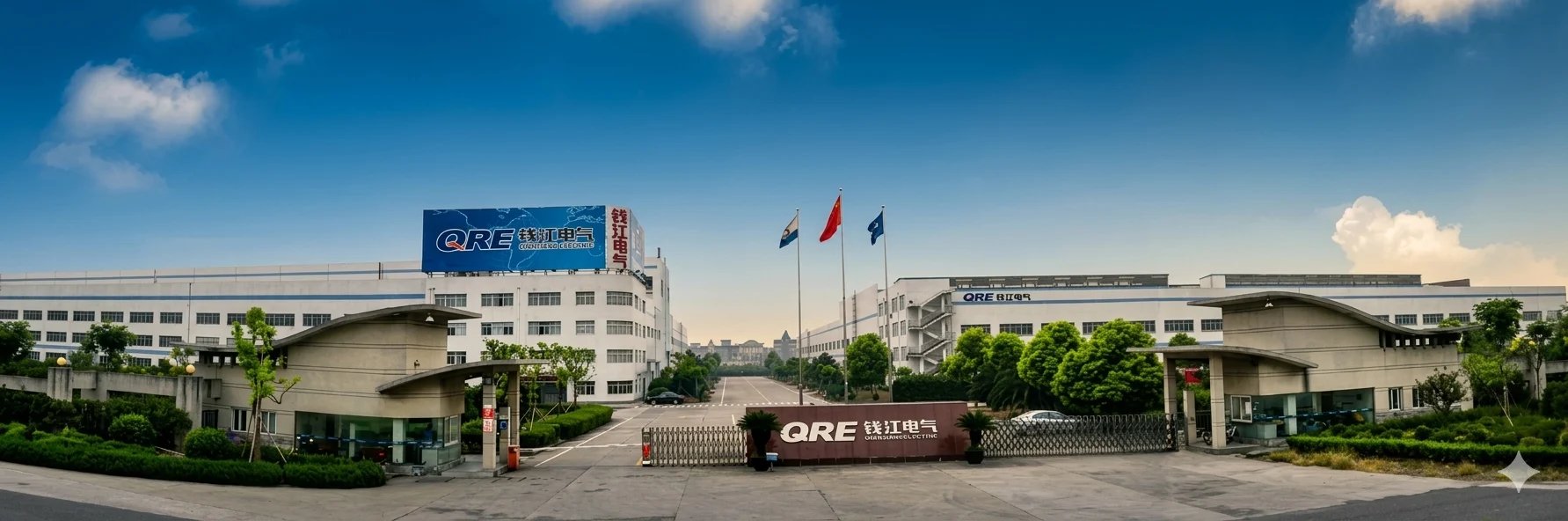 Modern industrial campus with white multi-story office buildings, a central plaza with flags, and a branded entrance sign under blue sky